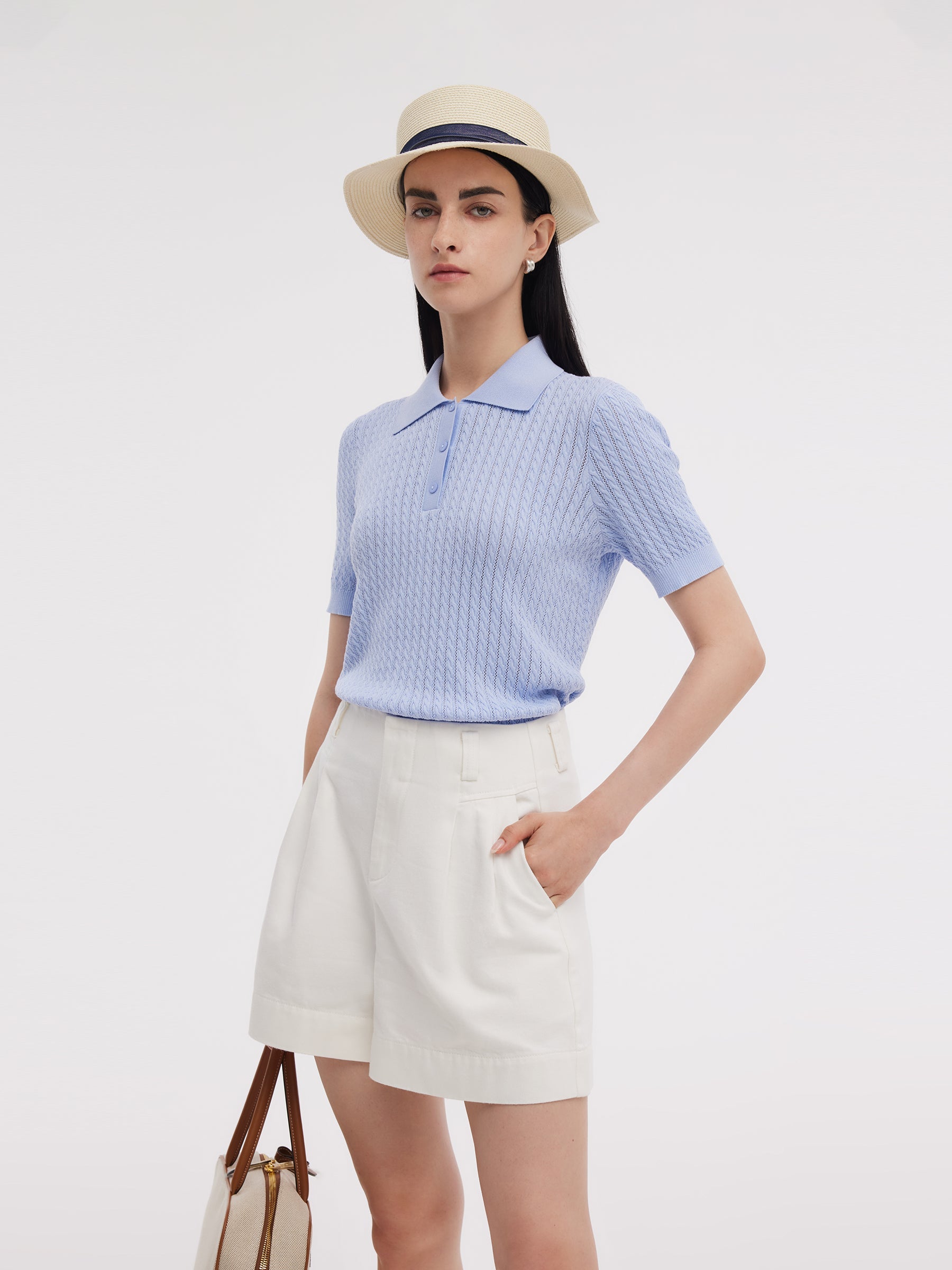 Tencel Karışımlı Ajurlu Kadın Örgü Polo Üst