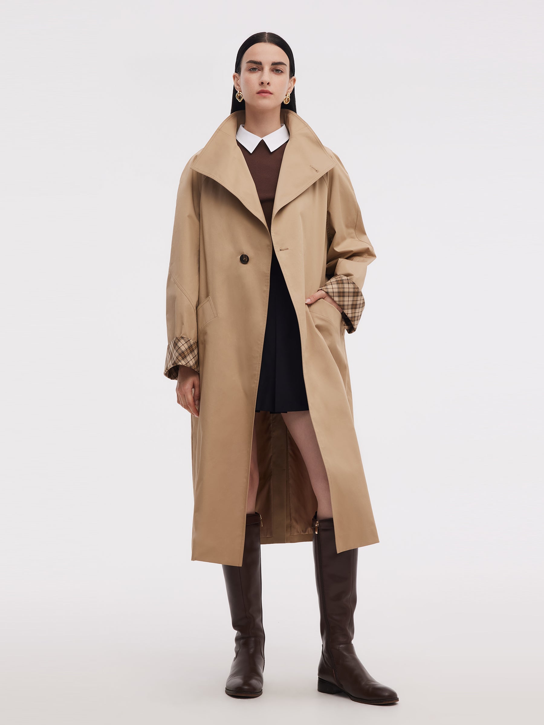 Pamuklu Renk Blok Manşetli Unisex Trençkot