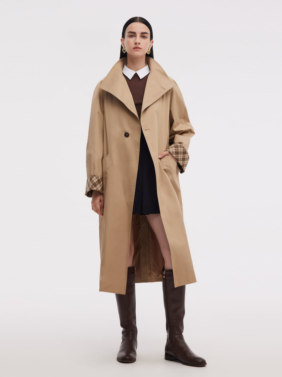 Pamuklu Renk Blok Manşetli Unisex Trençkot