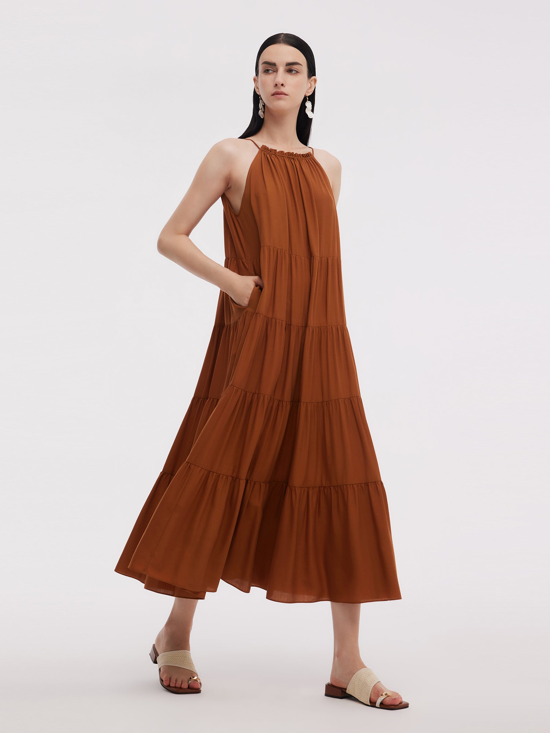 Tencel Asetat Karışımlı Kadın Askılı Uzun Elbise