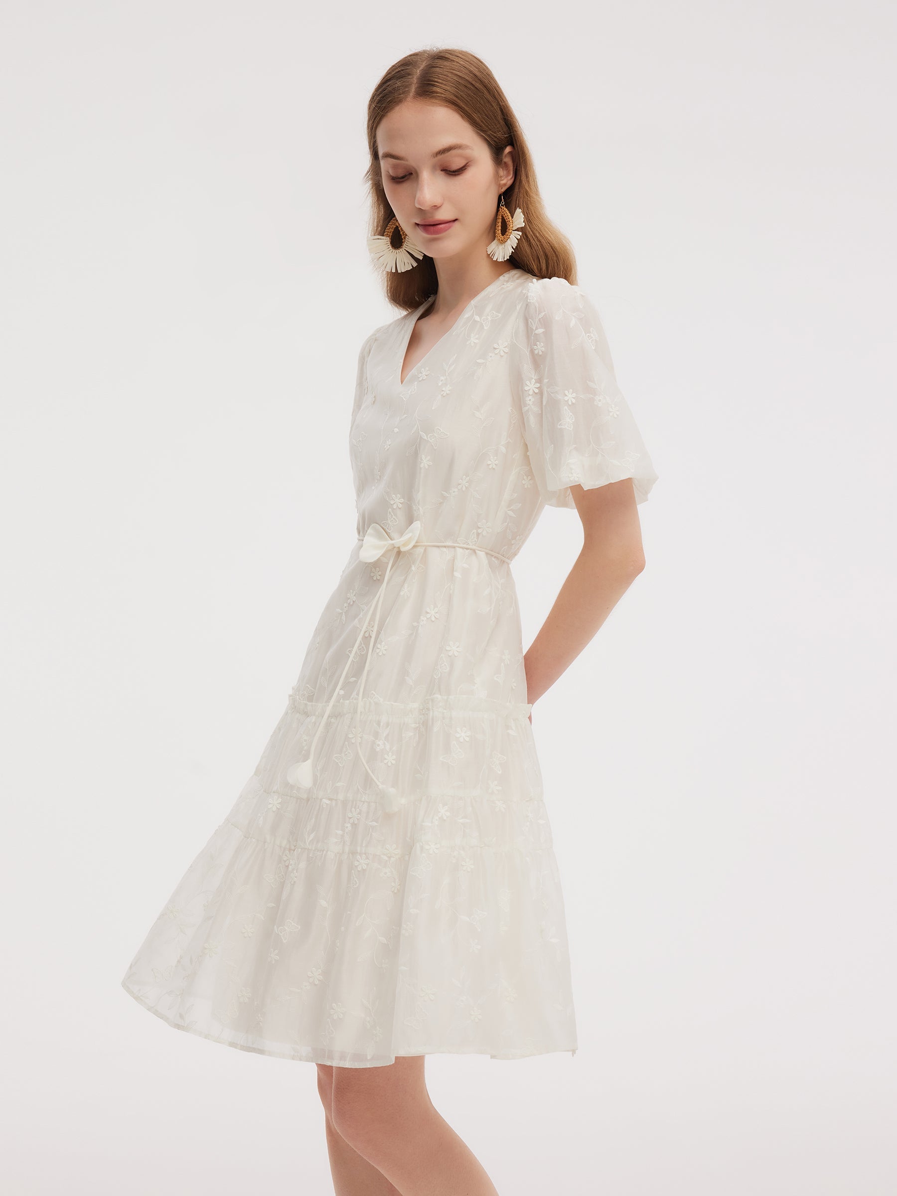 Tencel Karışımlı İşlemeli Kadın Midi Elbise
