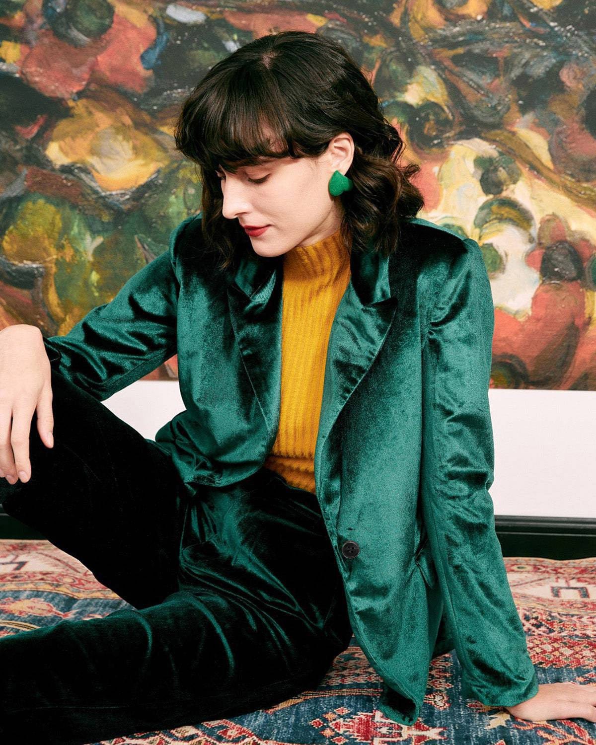 Sueña™ Günlük Tek Düğme Yeşil Kadife Blazer