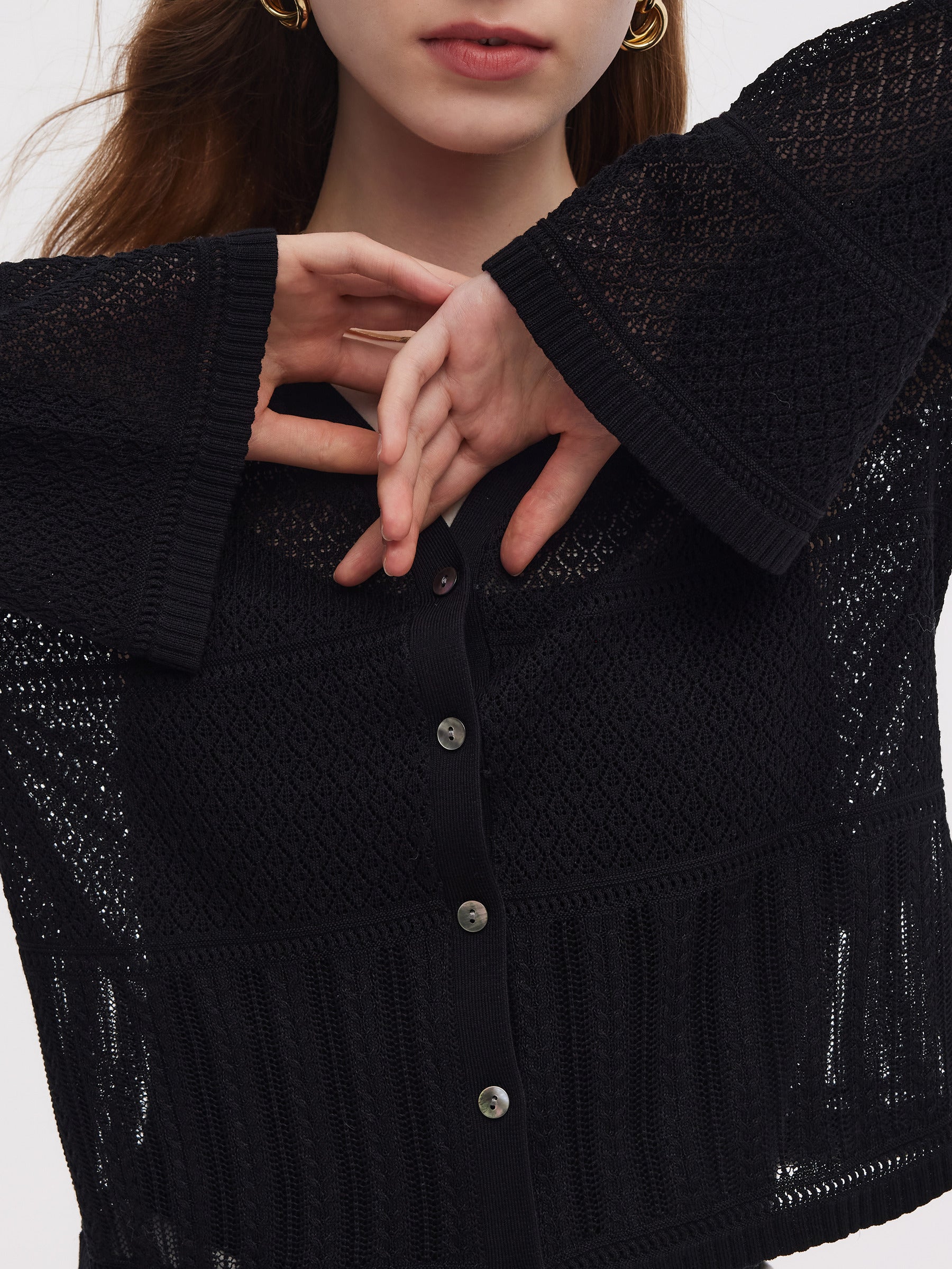 Tencel Karışımlı Ajurlu Kadın Kloş Kollu Hırka
