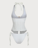 Sueña™ Beyaz Örme Düzensiz Metal Yırtmaçlı Tankini Mayo
