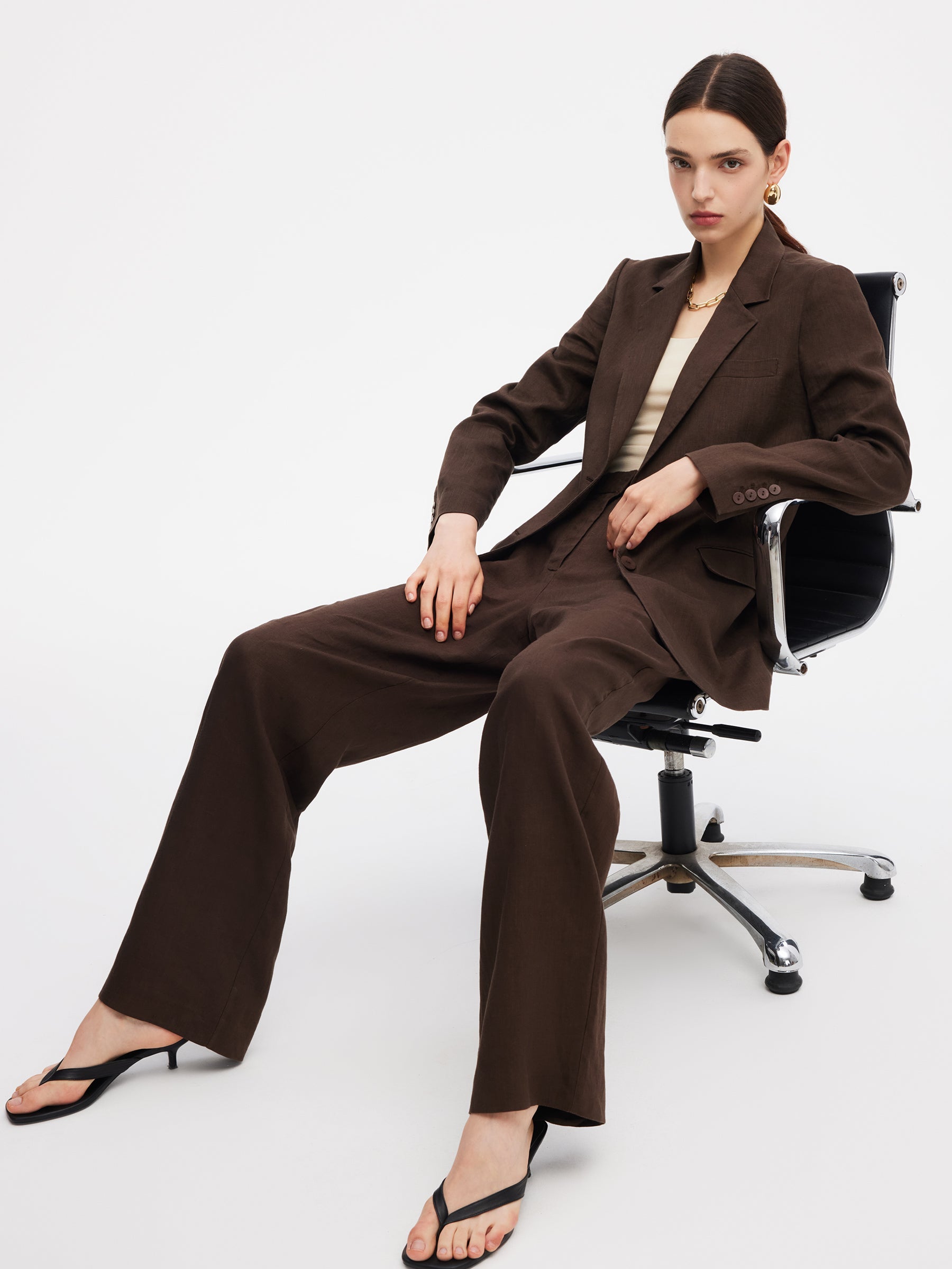 %100 Keten Kadın Bol Kesim Blazer