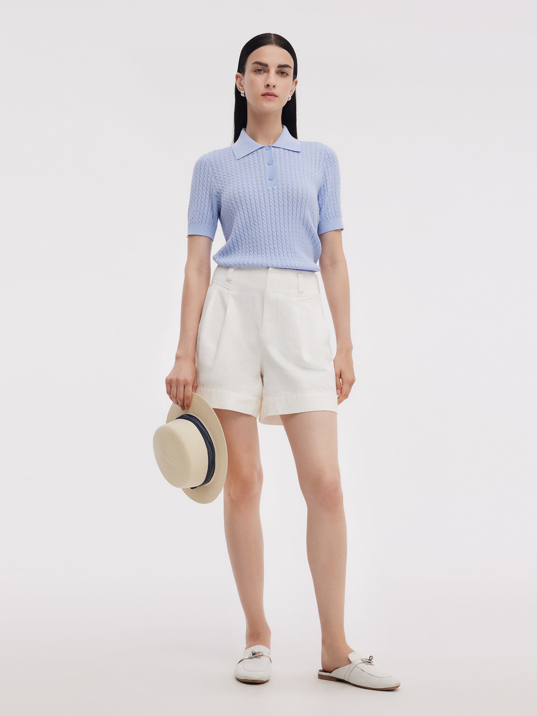 Tencel Karışımlı Ajurlu Kadın Örgü Polo Üst