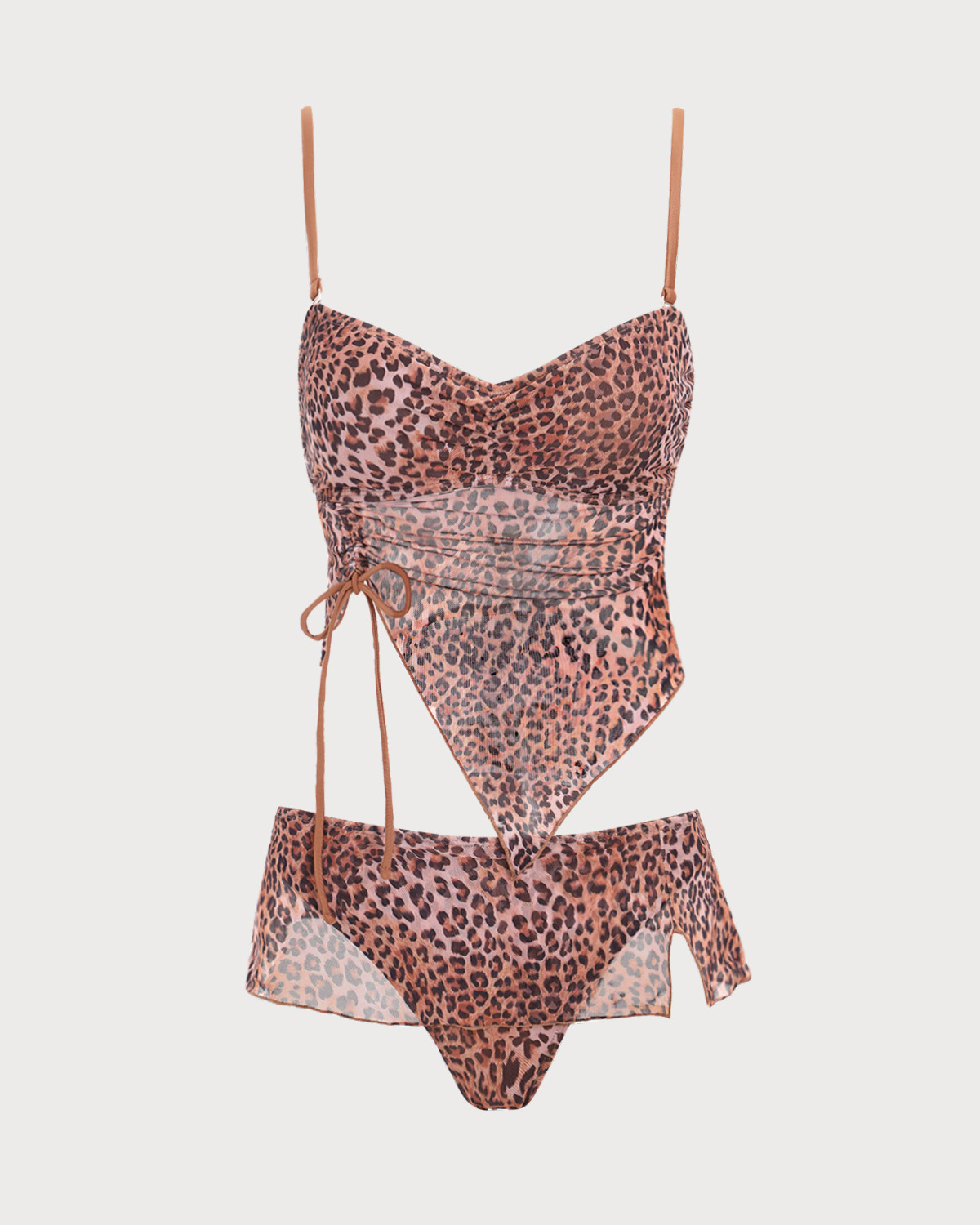 Sueña™ Kahverengi Büzgülü Leopar Desenli Tankini Mayo