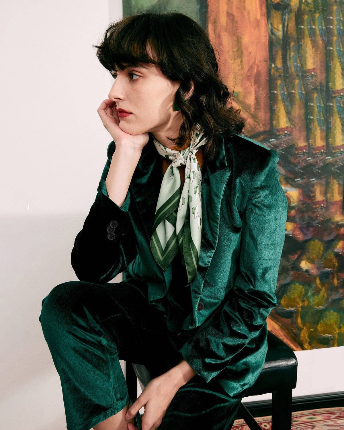 Sueña™ Günlük Tek Düğme Yeşil Kadife Blazer