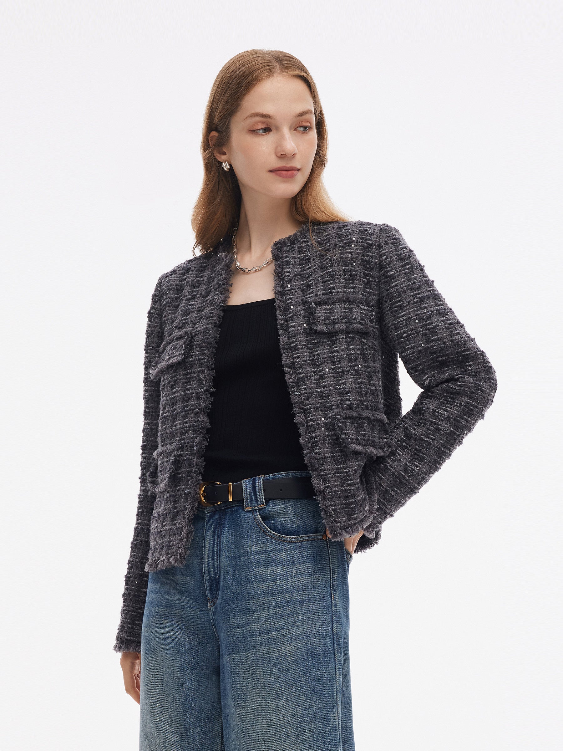 Yün Karışımı Payetli Tweed Kadın Yıpranmış Kenarlı Kırpılmış Ceket