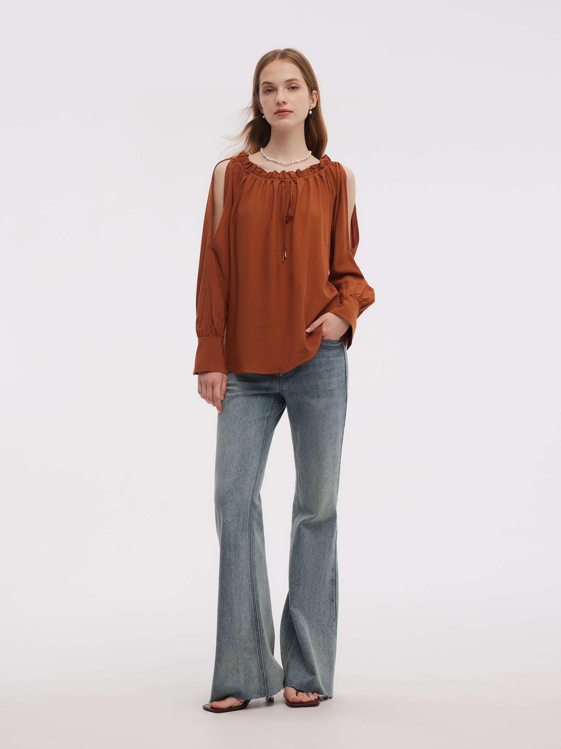 Tencel Asetat Karışımlı Kadın Omuz Açık Bluz