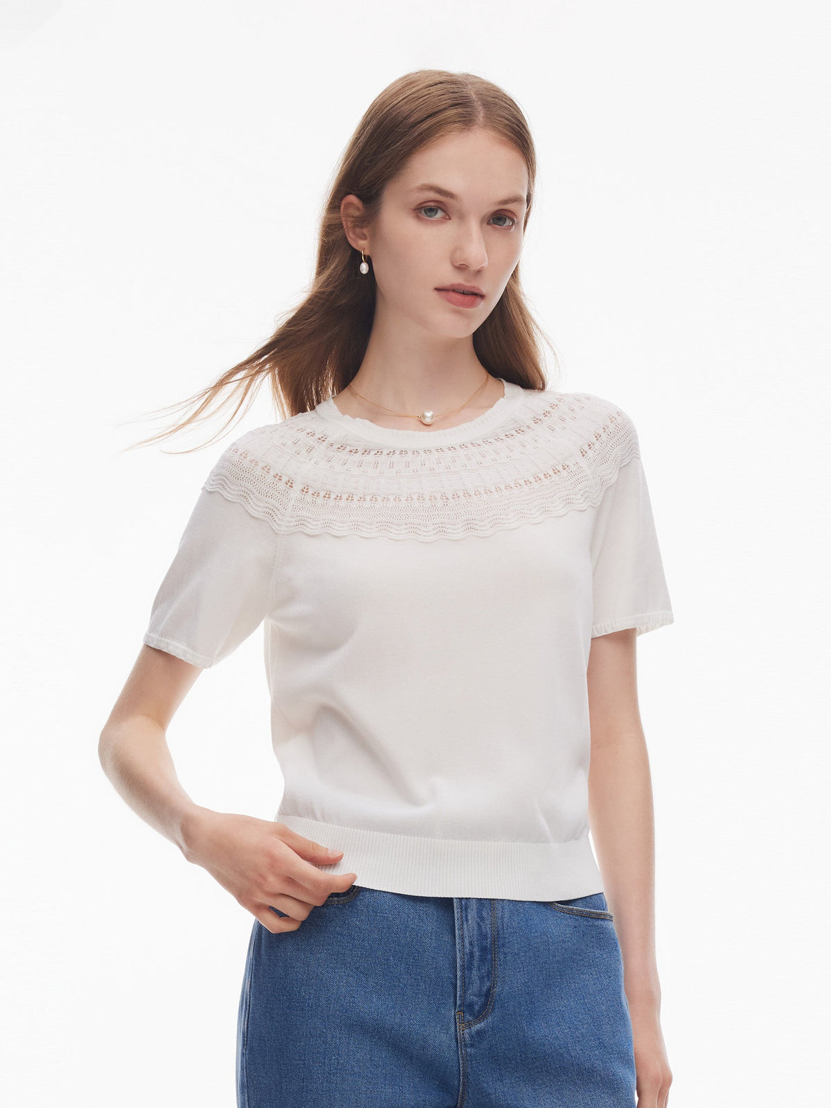 Tencel Karışımlı Ajurlu Kadın Volanlı Yuvarlak Yaka Örgü Üst