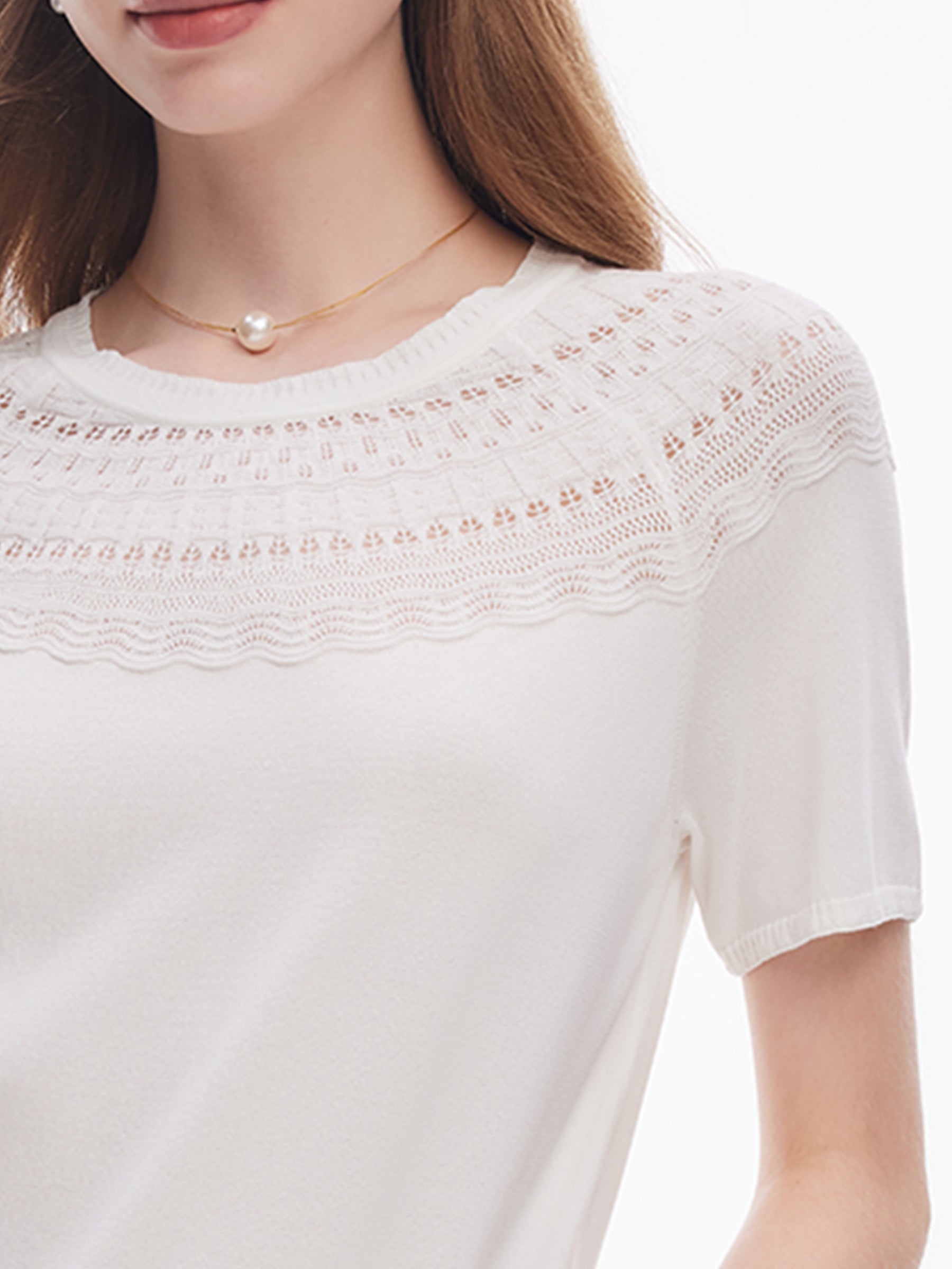 Tencel Karışımlı Ajurlu Kadın Volanlı Yuvarlak Yaka Örgü Üst
