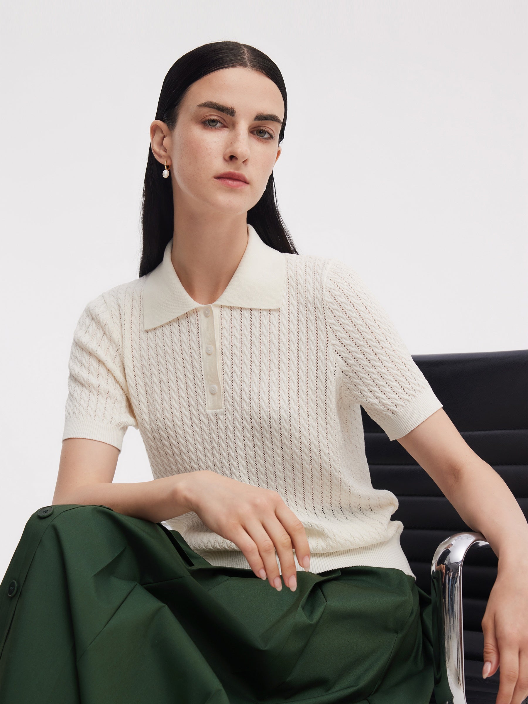 Tencel Karışımlı Ajurlu Kadın Örgü Polo Üst