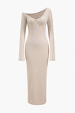Button Asymmetric Neck Long Sleeve Maxi Elbise