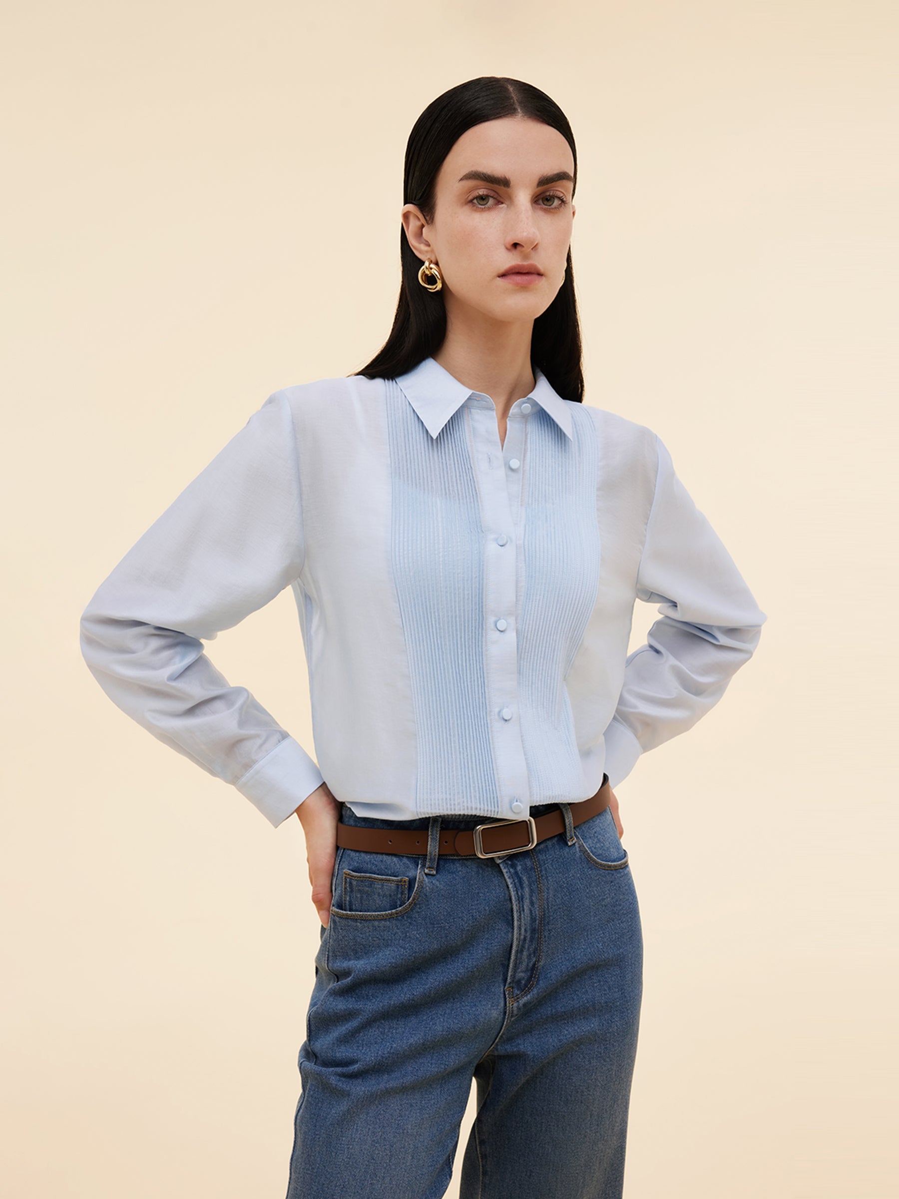 Tencel Karışımlı Önü Pileli Kadın Gömleği
