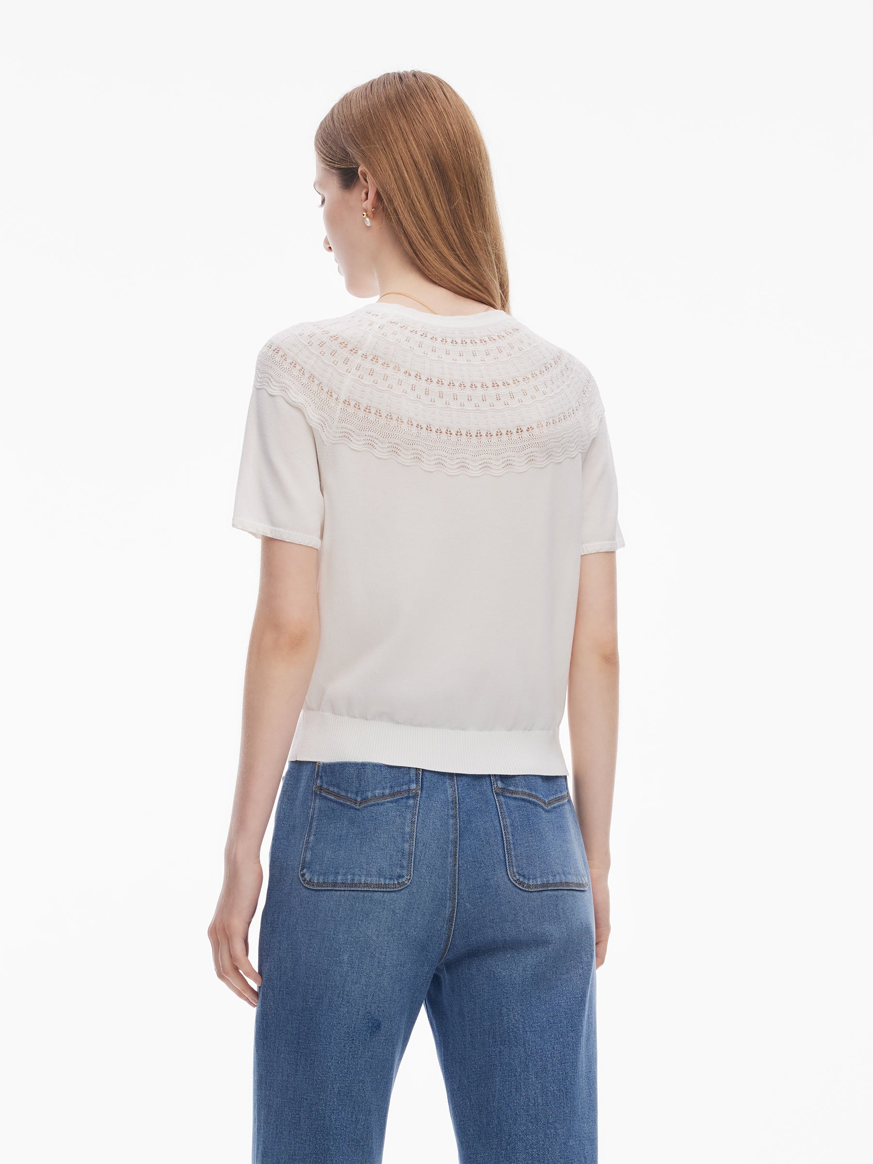 Tencel Karışımlı Ajurlu Kadın Volanlı Yuvarlak Yaka Örgü Üst