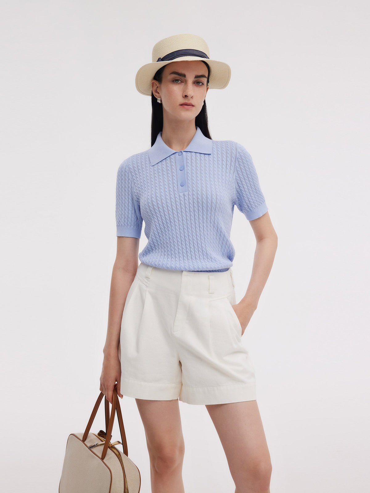 Tencel Karışımlı Ajurlu Kadın Örgü Polo Üst