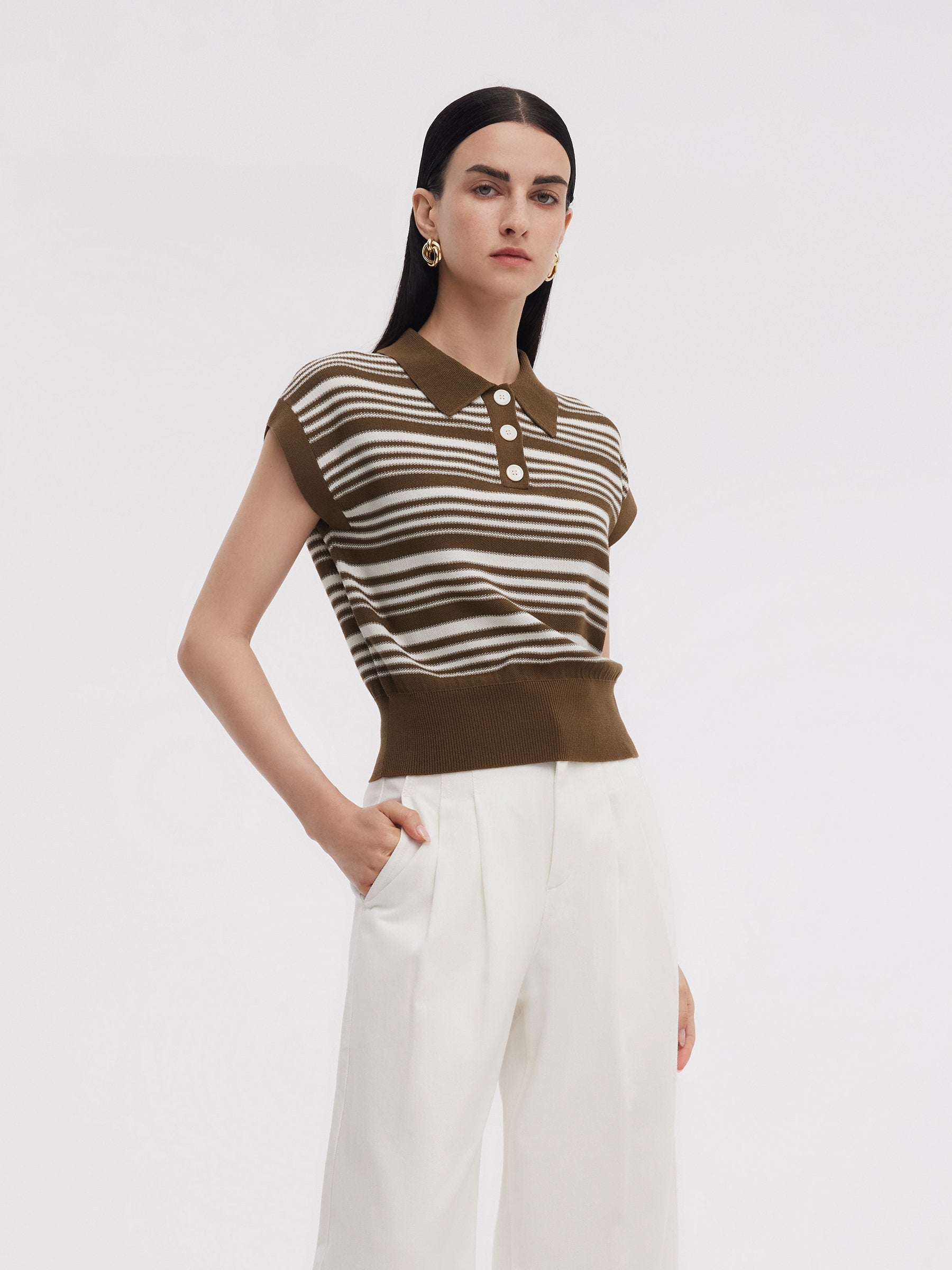 Tencel Karışımlı Polo Yaka Çizgili Kadın Kısa Kollu Örgü Atlet
