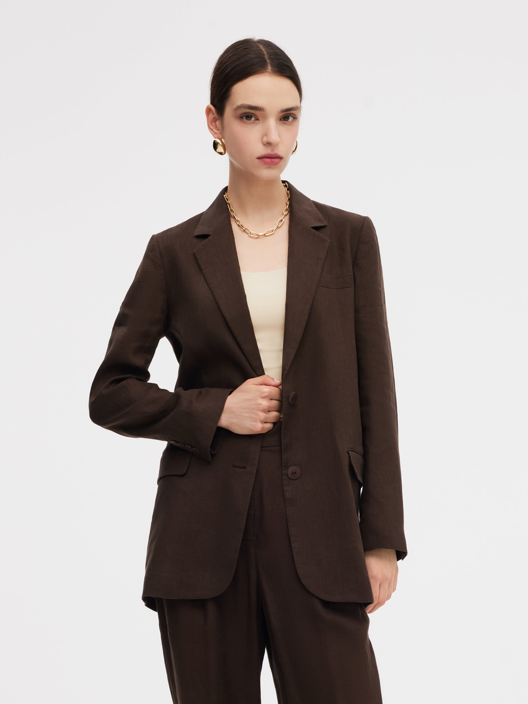 %100 Keten Kadın Bol Kesim Blazer