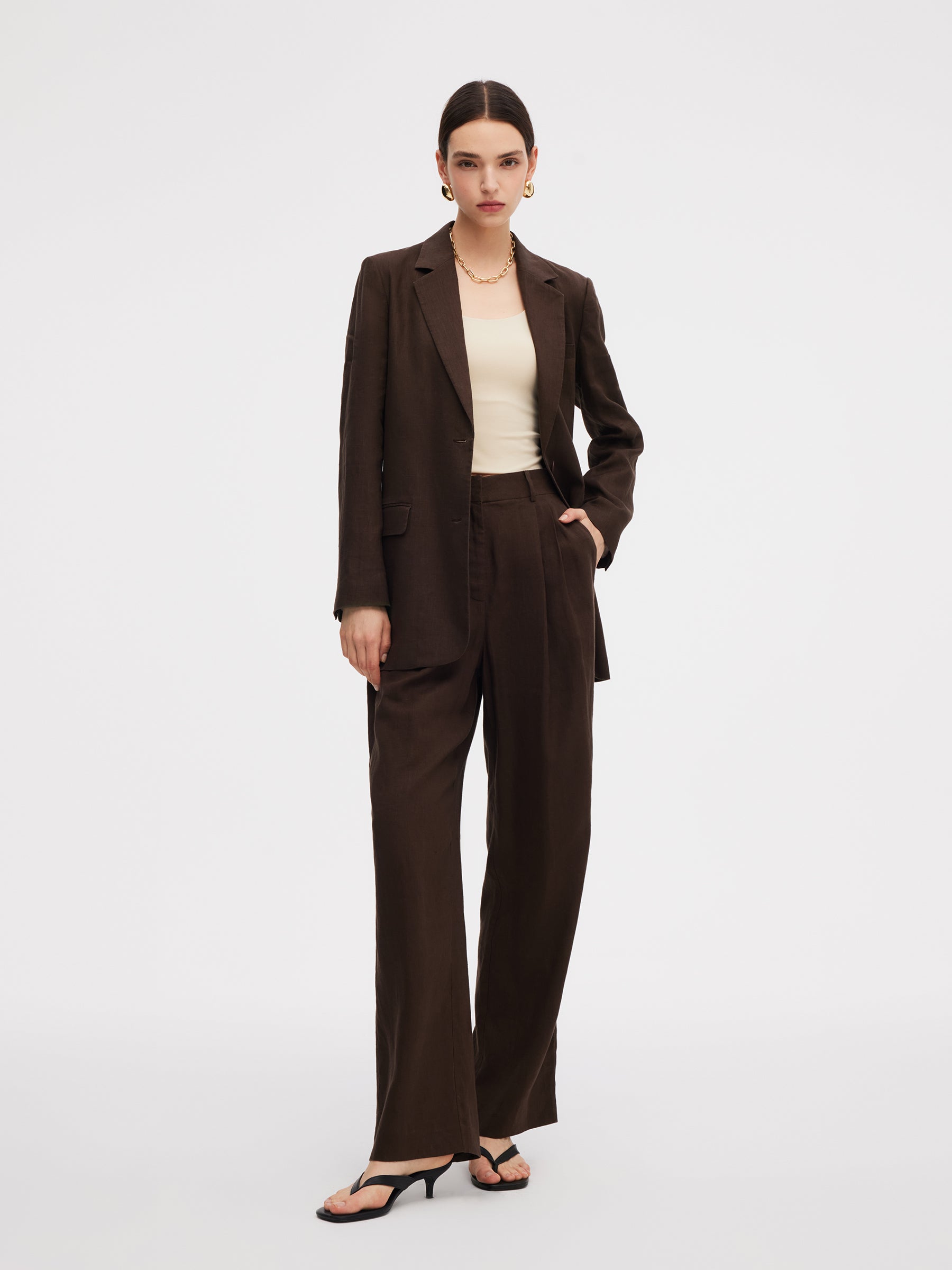 %100 Keten Kadın Bol Kesim Blazer