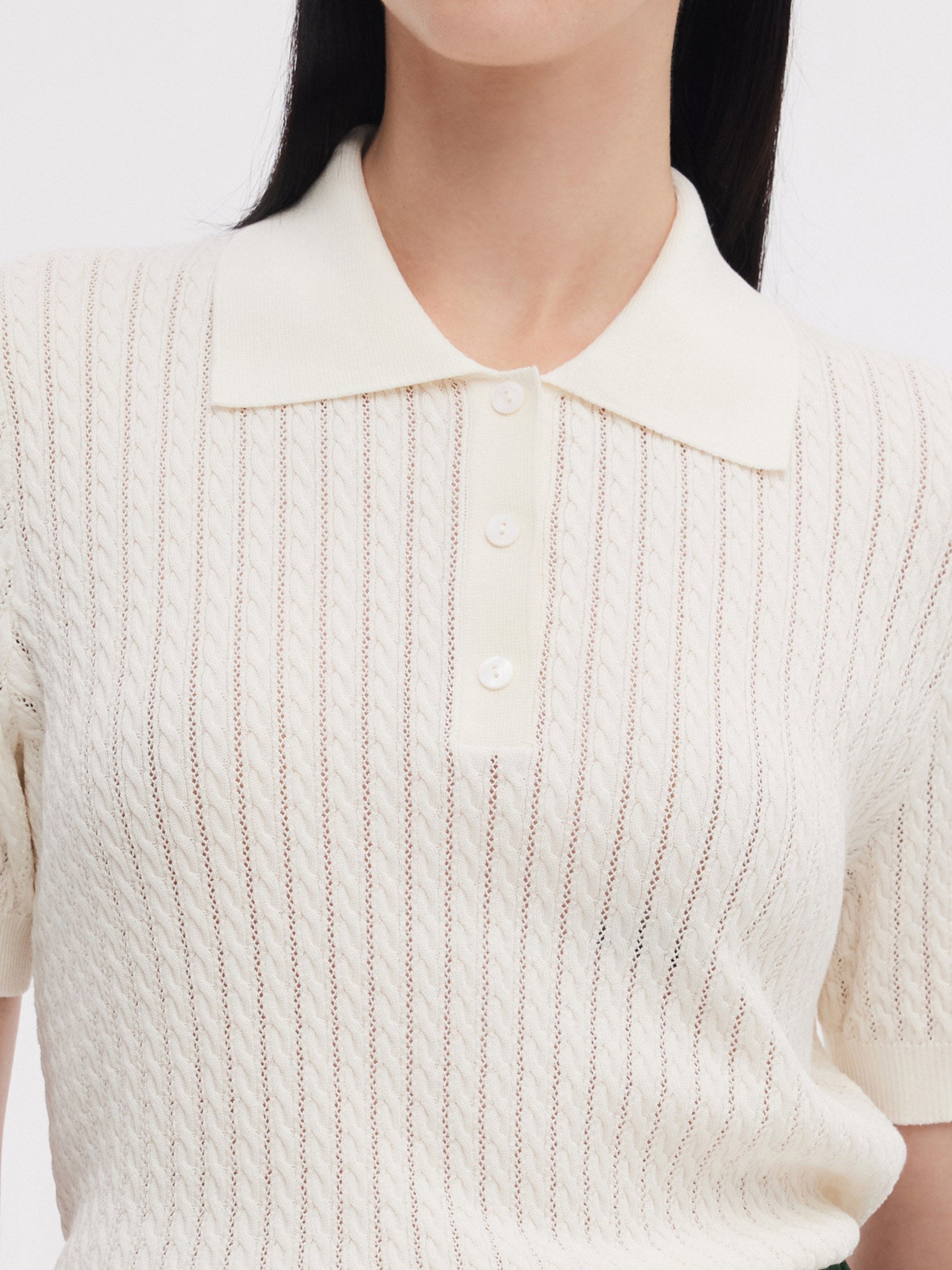 Tencel Karışımlı Ajurlu Kadın Örgü Polo Üst