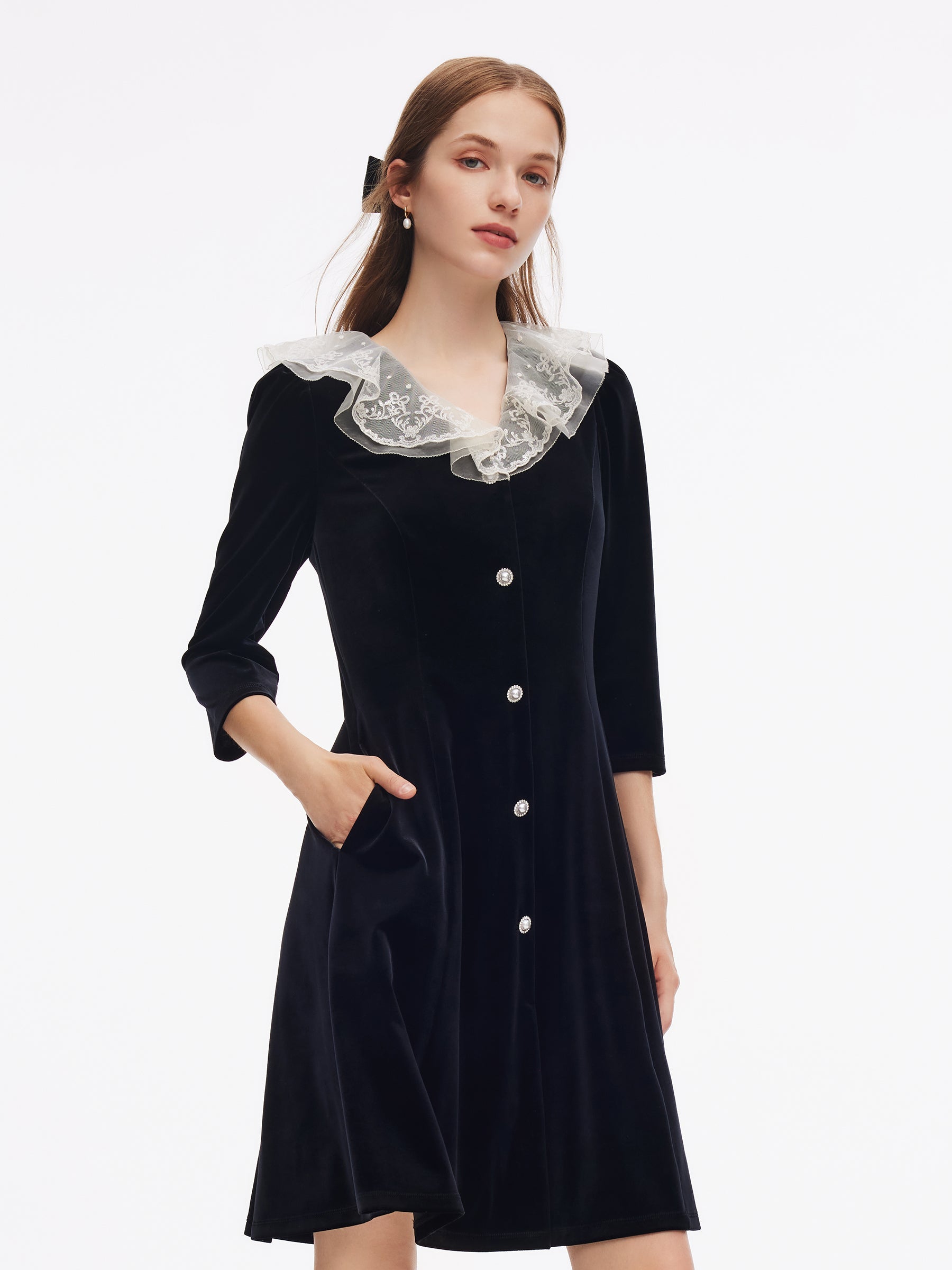 Kadife Patchwork İşlemeli Yaka Kadın Mini Elbise