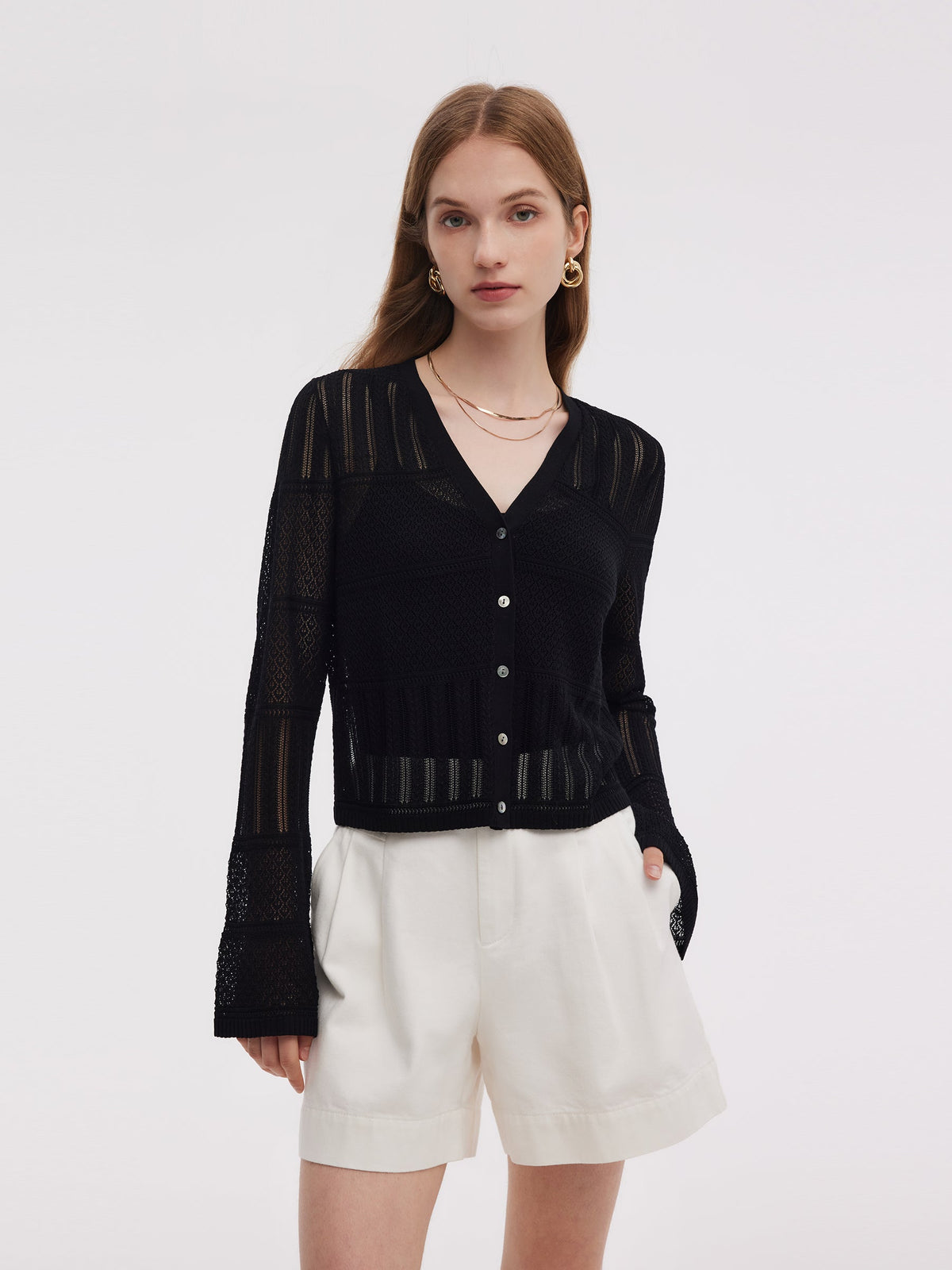 Tencel Karışımlı Ajurlu Kadın Kloş Kollu Hırka