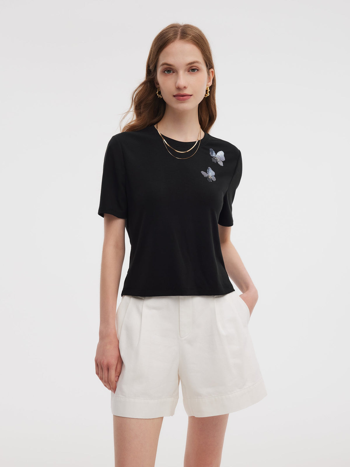 Tencel Karışımlı Kelebek Payet İşlemeli Kadın Tişörtü