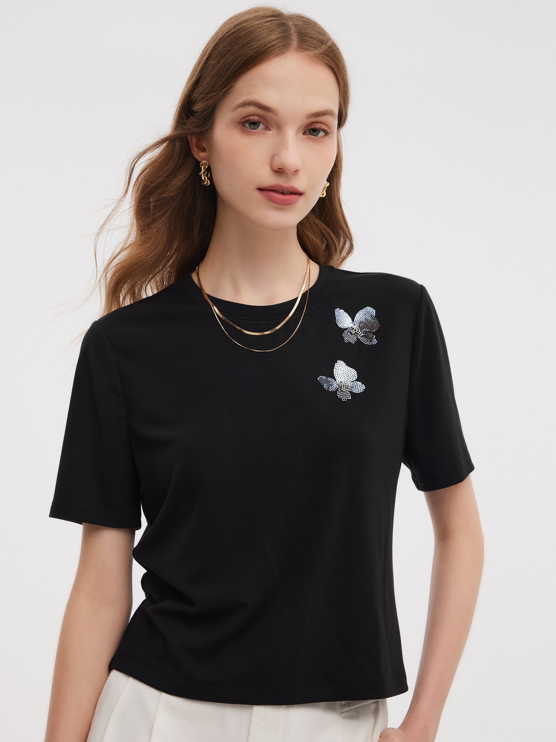 Tencel Karışımlı Kelebek Payet İşlemeli Kadın Tişörtü