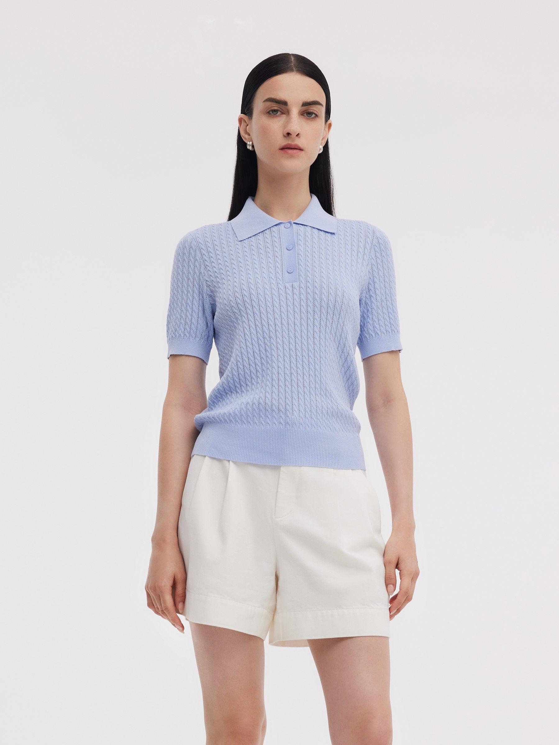 Tencel Karışımlı Ajurlu Kadın Örgü Polo Üst
