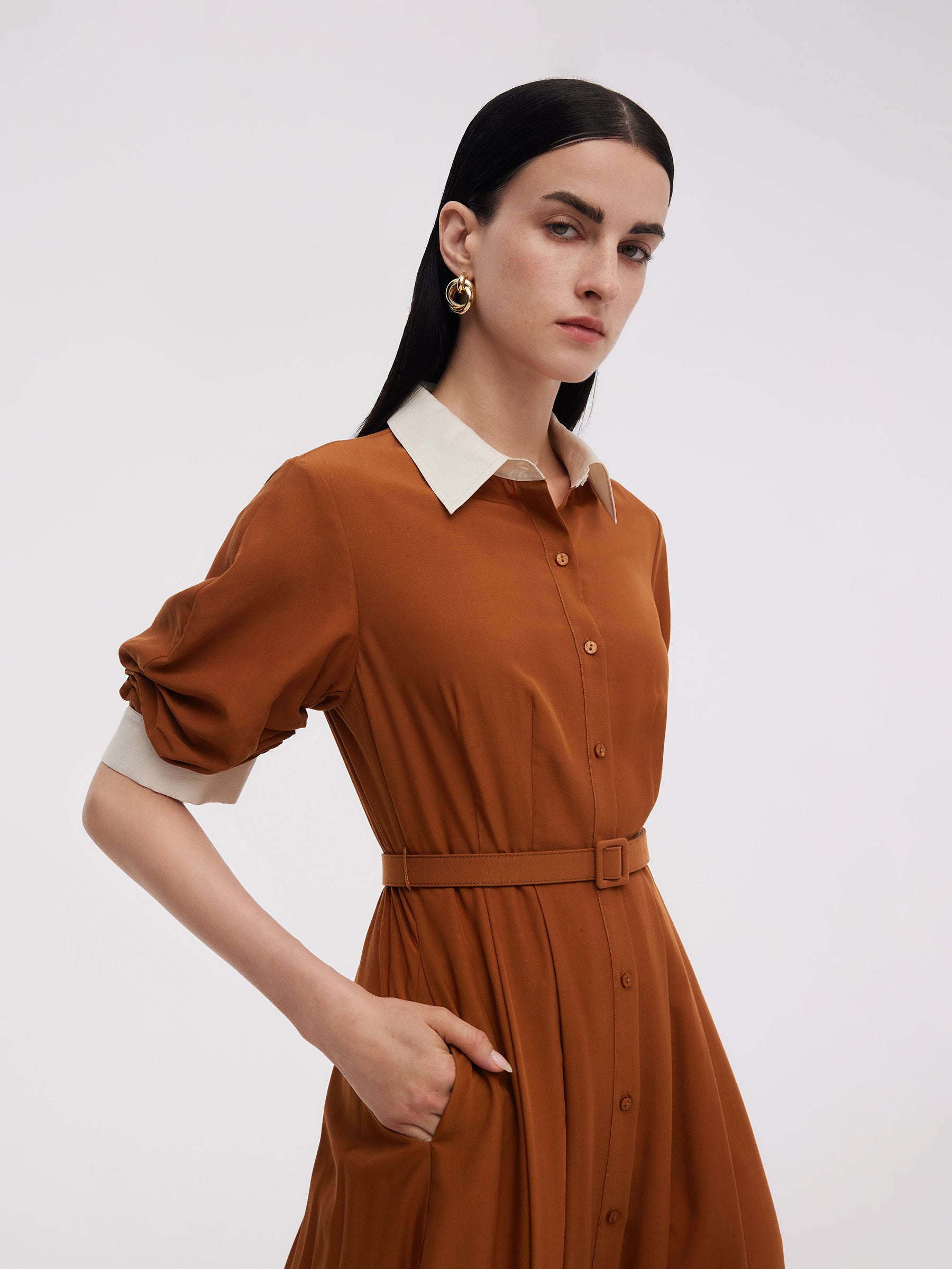 Tencel Asetat Karışımlı Renk Bloklu Kadın Midi Elbise