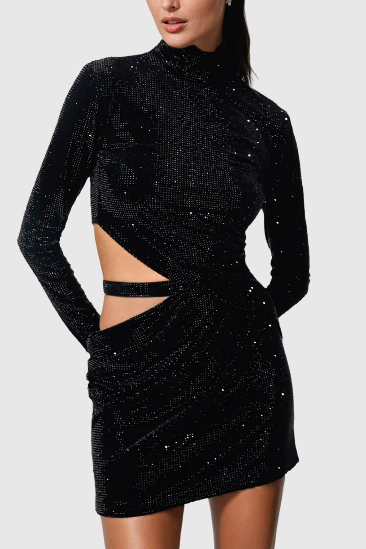 Abiba Dekolteli Payet Bodycon Mini Elbise