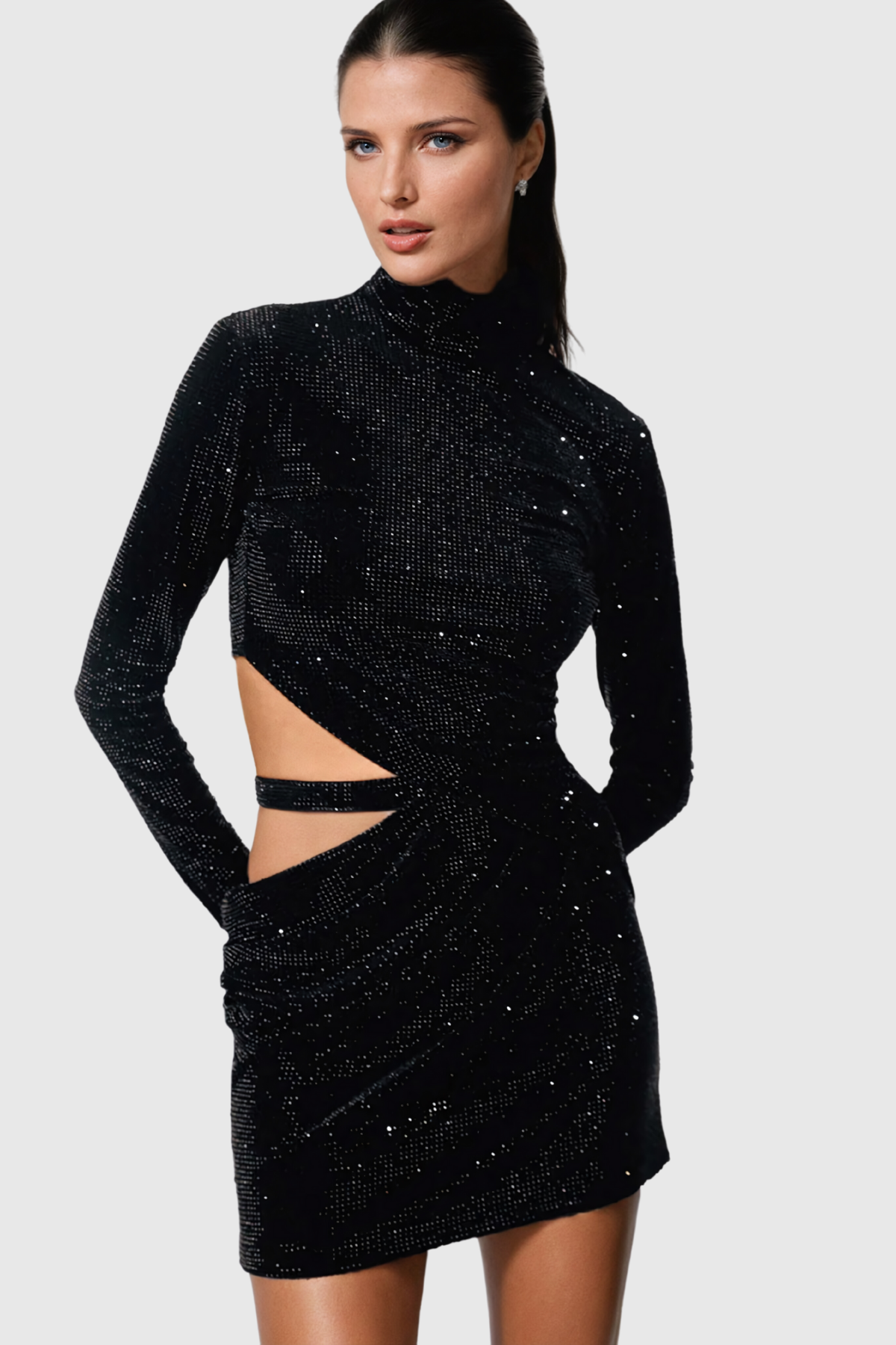 Abiba Dekolteli Payet Bodycon Mini Elbise