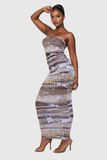 Adino Desenli Straplez Bodycon Maxi Elbise