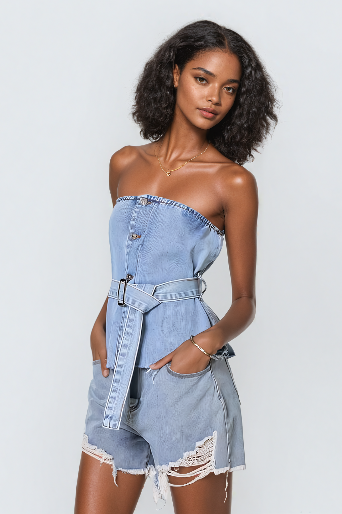 Aelius Açık Mavi Tokalı Straplez Denim Üst