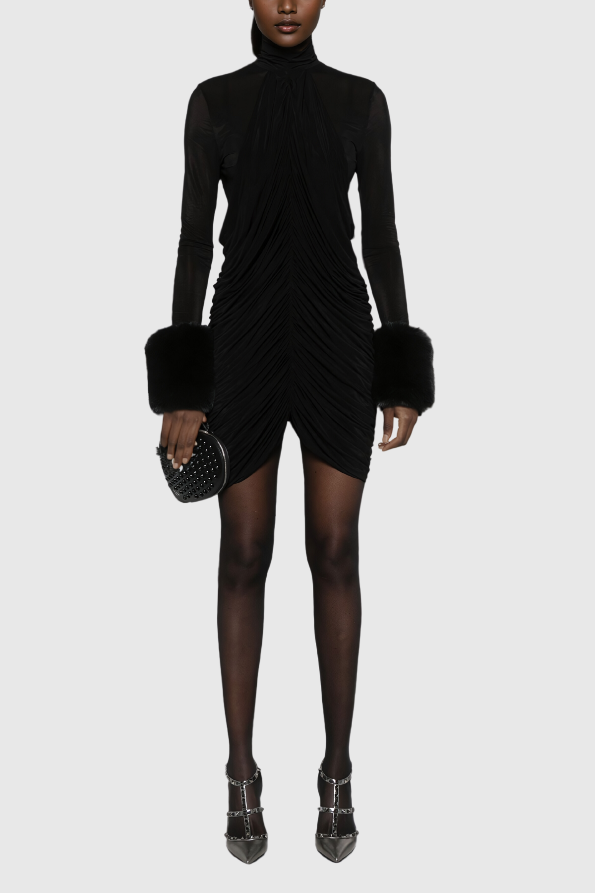 Aelwen Ruch Kürk Bodycon Mini Elbise