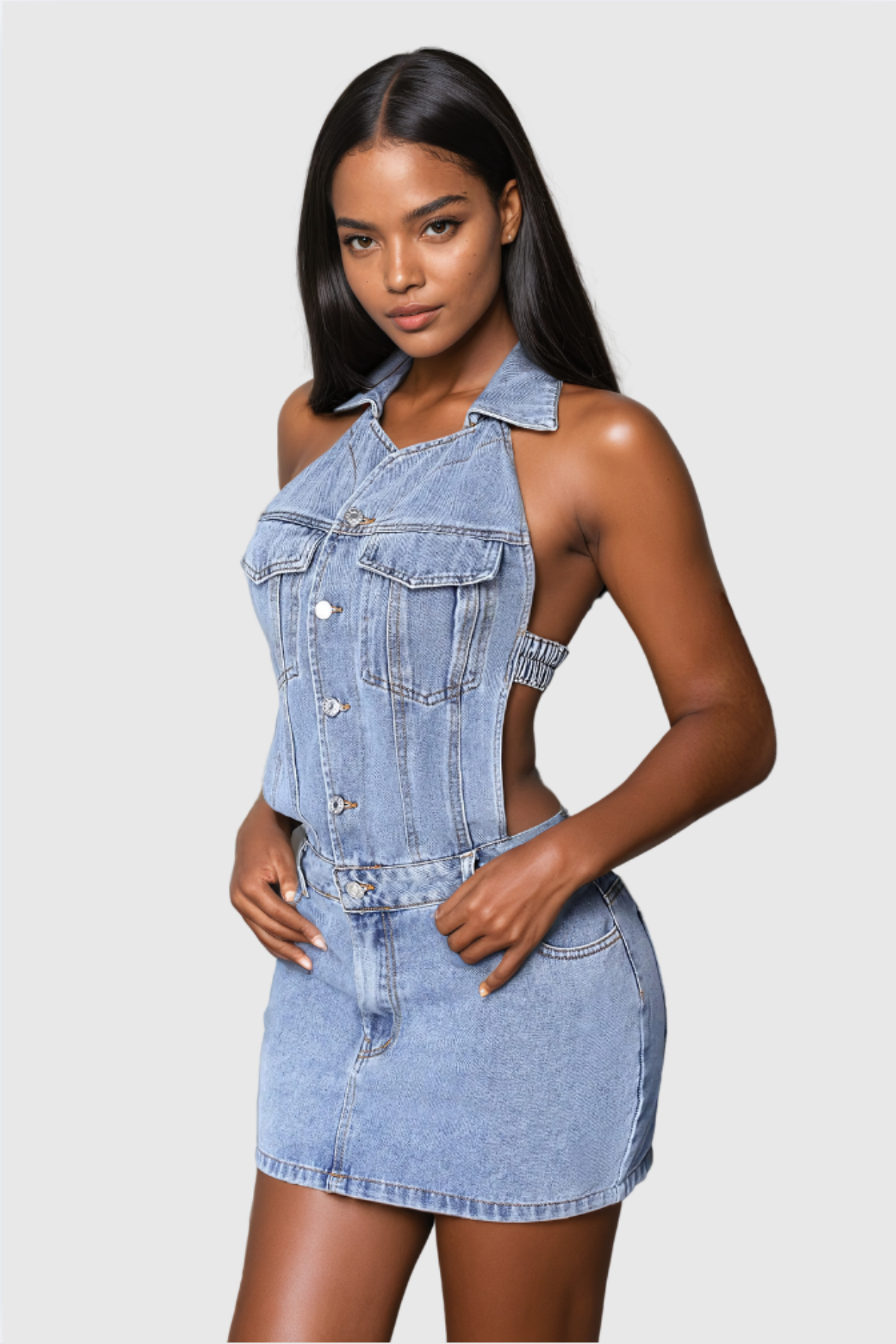 Aerilyn Sırtı Açık Boyundan Bağlamalı Denim Mini Elbise