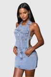 Aerilyn Sırtı Açık Boyundan Bağlamalı Denim Mini Elbise
