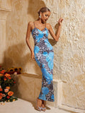 Spaghetti Leopar Midi Elbise Mavi