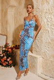 Spaghetti Leopar Midi Elbise Mavi
