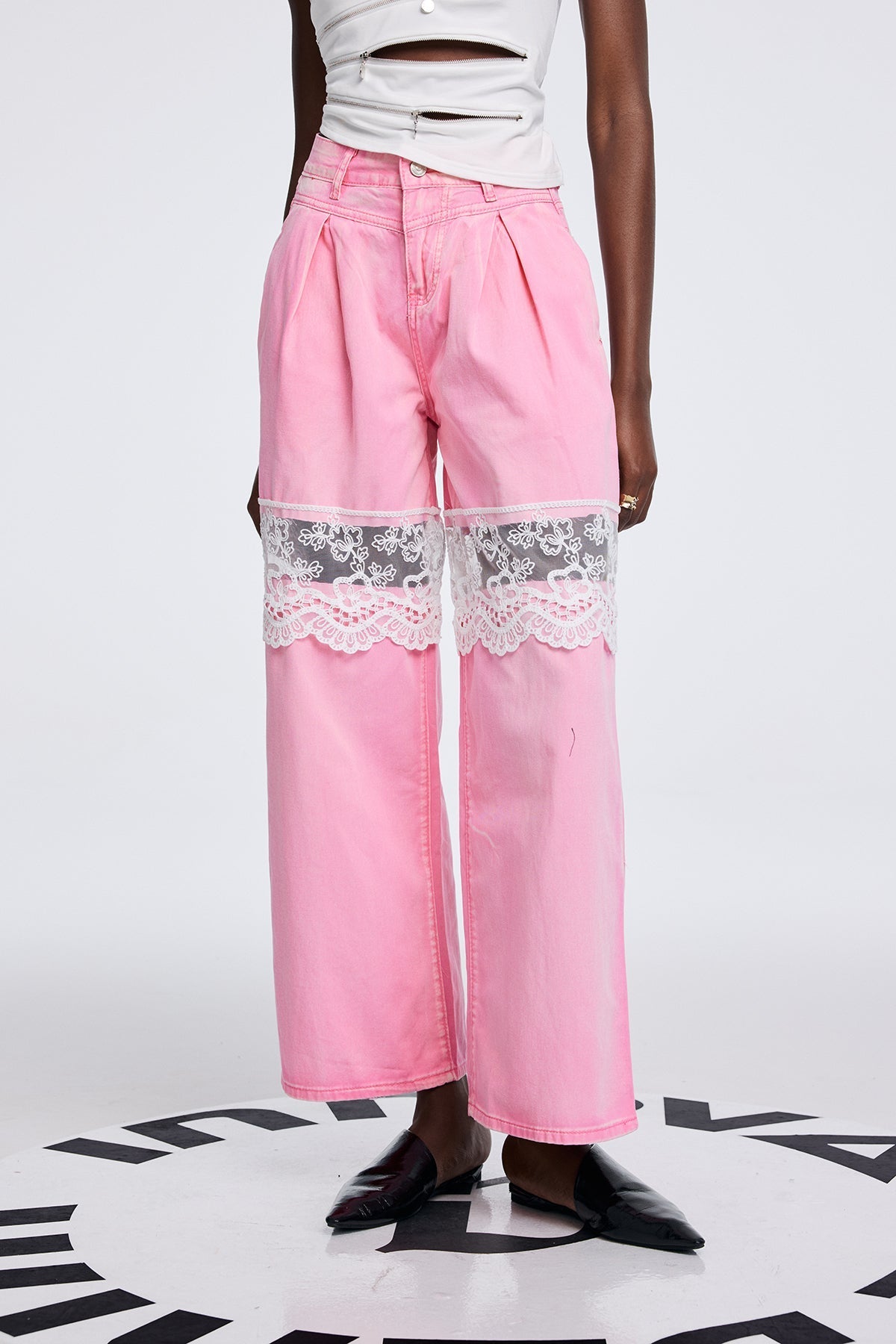 Apocatequil Lace Deconstruct Dantel Jeans Pembe
