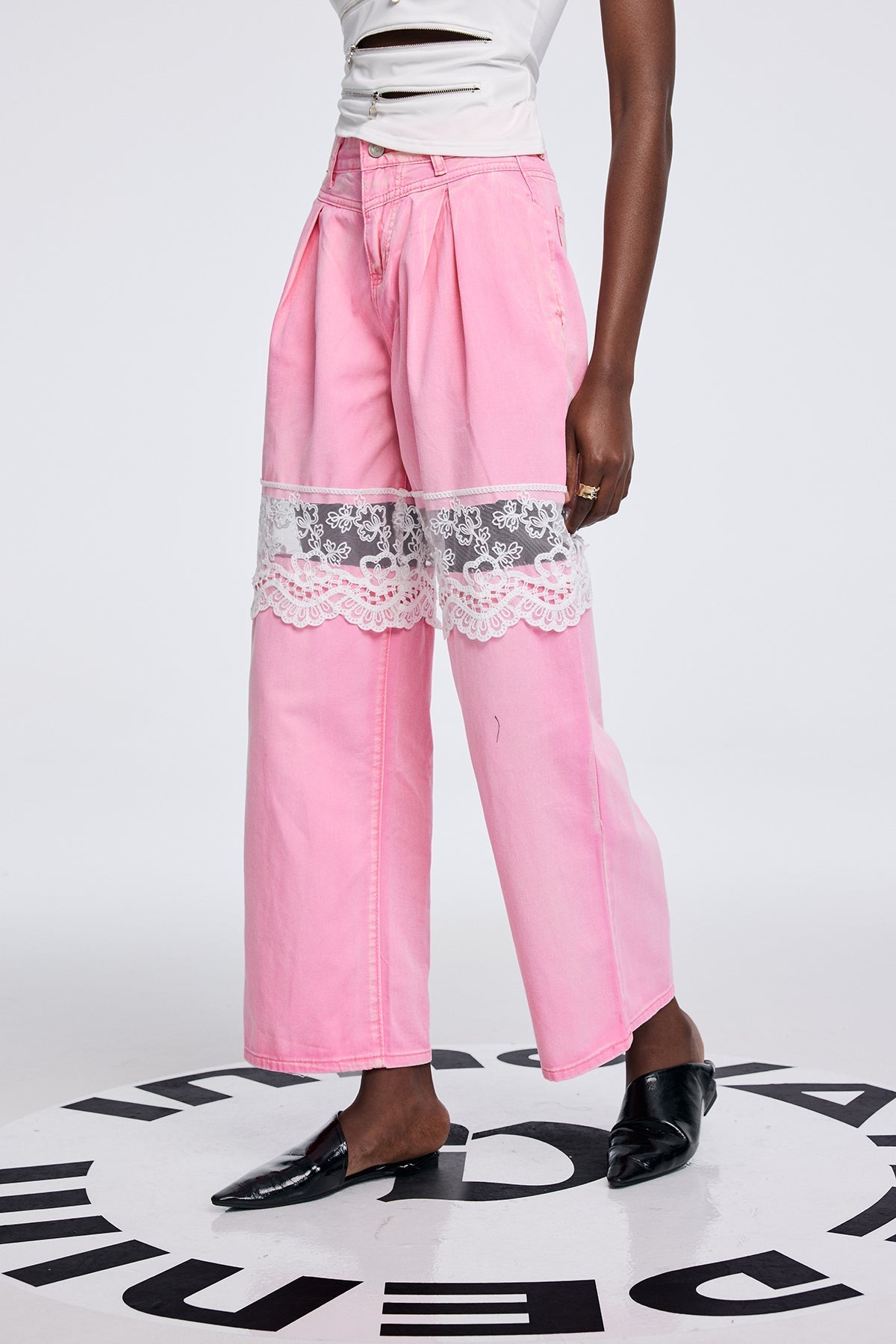 Apocatequil Lace Deconstruct Dantel Jeans Pembe