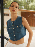 Düğme Detaylı Kolsuz Denim Kısa Üst