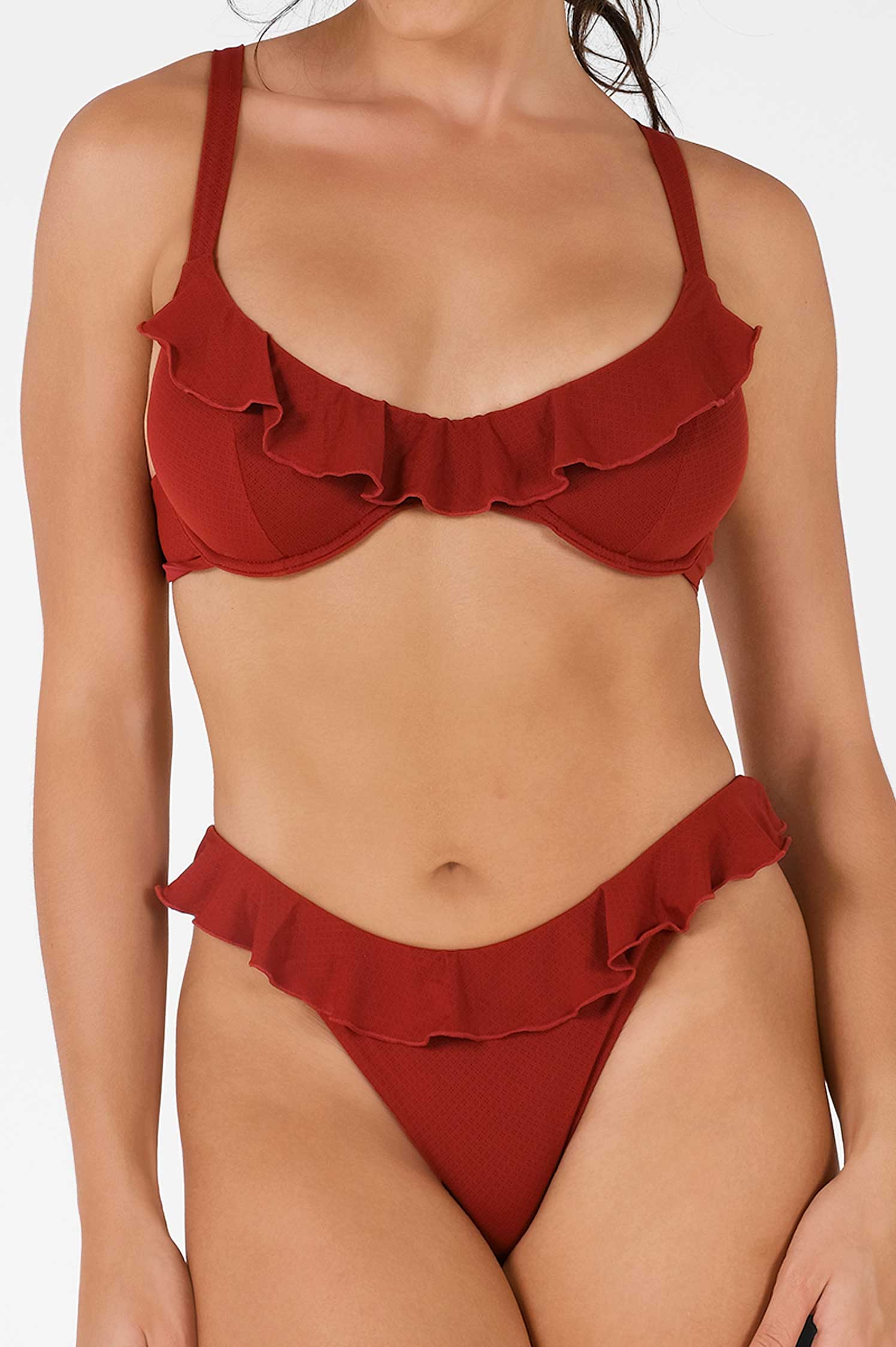Sueña™ Makayla Fırfırlı Destekli Bikini Üstü / Kiraz Şarabı Noktalı