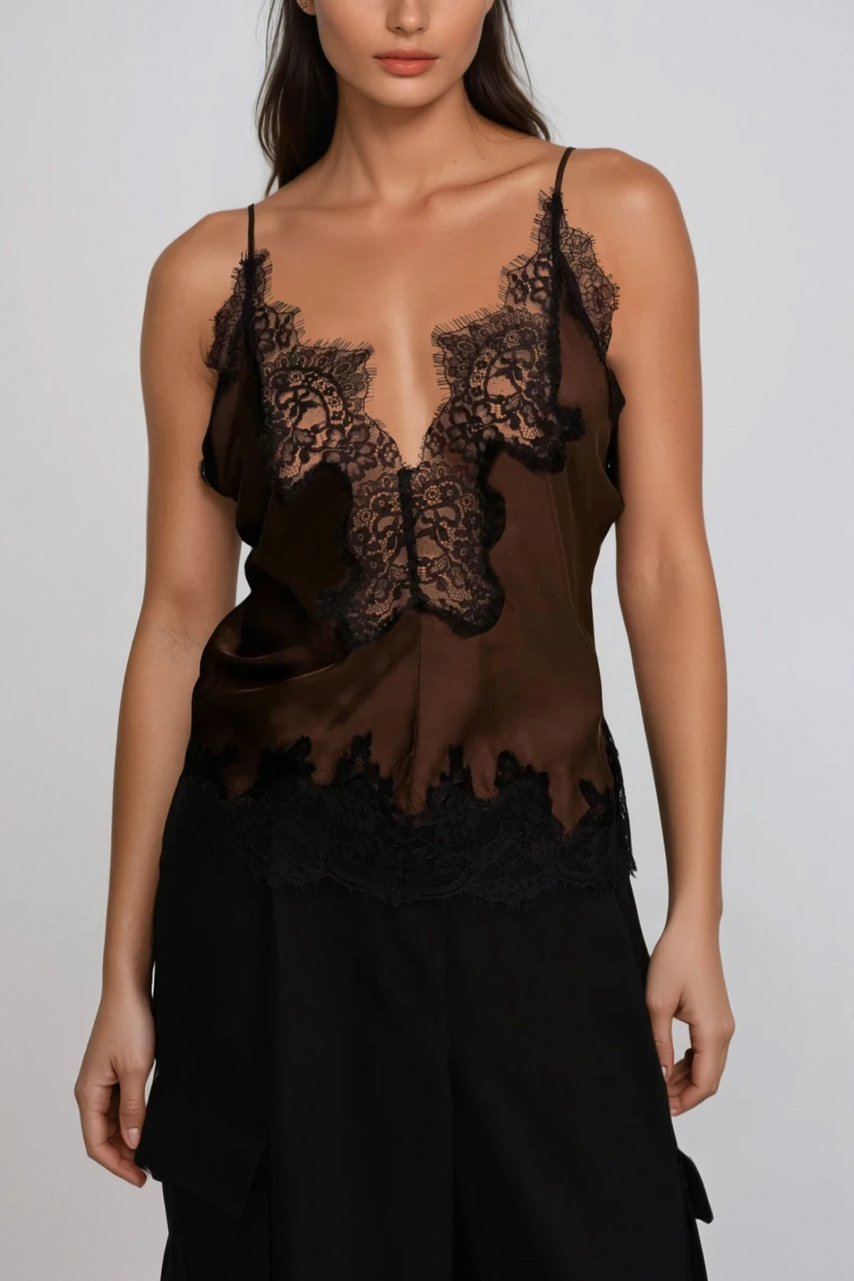 Bess Lace Saten Üst Kahverengi