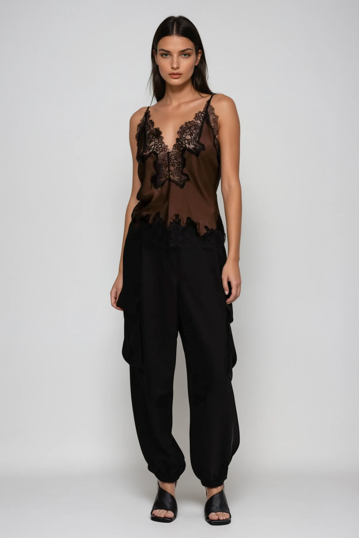 Bess Lace Saten Üst Kahverengi