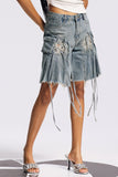 Bile Fringe Ruffle Midi Pantolon Derin Mavi