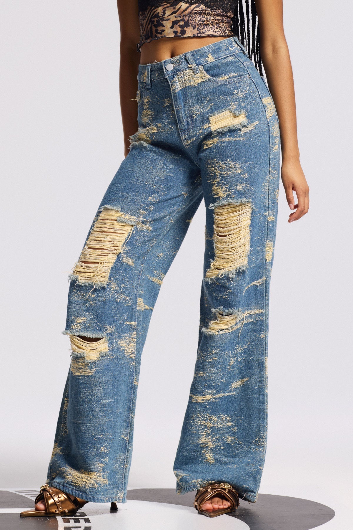 Bistra Tie Dye Yırtık Düz Kot Mavi