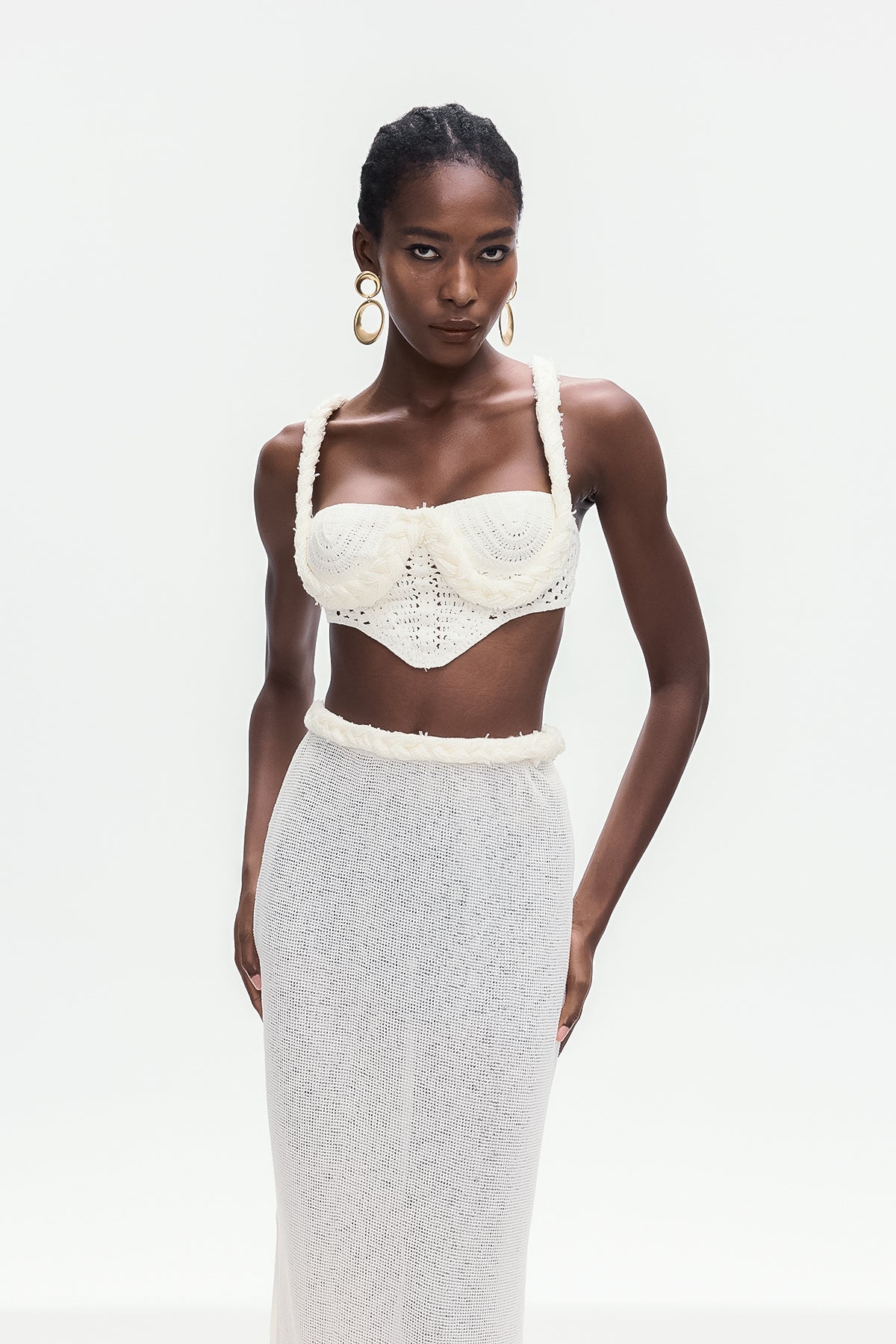 Bogdana Twist Cutout Örgü Etek Takımı Beyaz