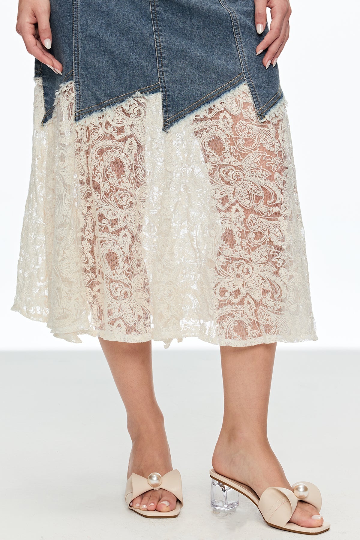 Cain Lace Denim Midi Etek
